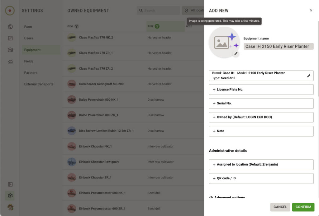 Adding equipment details with AI-supported input in LoginEKO Farming Software
