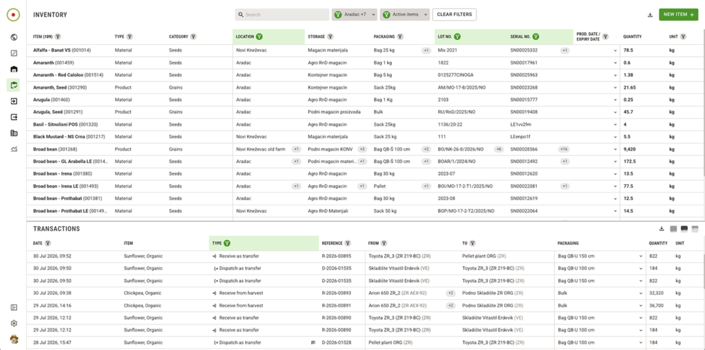 LoginEKO Warehouse management overview showing stored items, locations, storage units, LOT information, quantities, and filtering options, along with all transactions of past movements and loads/unloads.