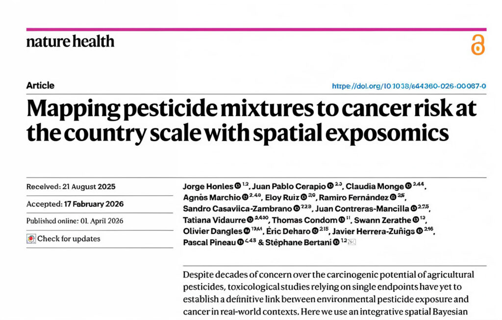 Header of the Nature Health article "Mapping pesticide mixtures to cancer risk at the country scale with spatial exposomics", showing authors and publication date