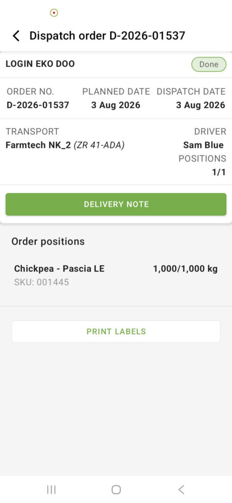 New dispatch order being created in LoginEKO Warehouse module with the source location, destination, item, and quantity.