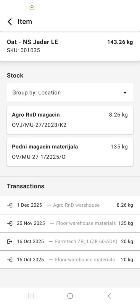 LoginEKO Warehouse showing dispatch orders for oat moving from storage to the next farm activity or destination.