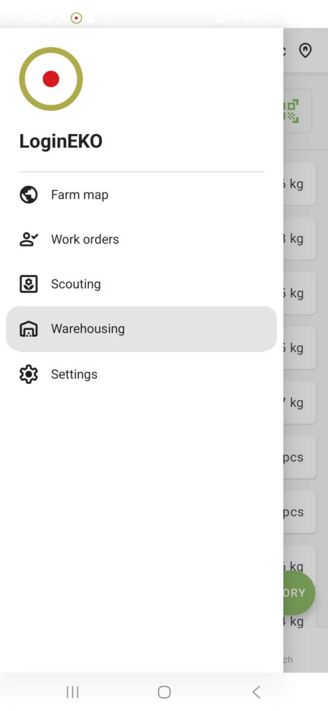 LoginEKO Warehouse mobile view shows planned warehouse activities and current inventory information.